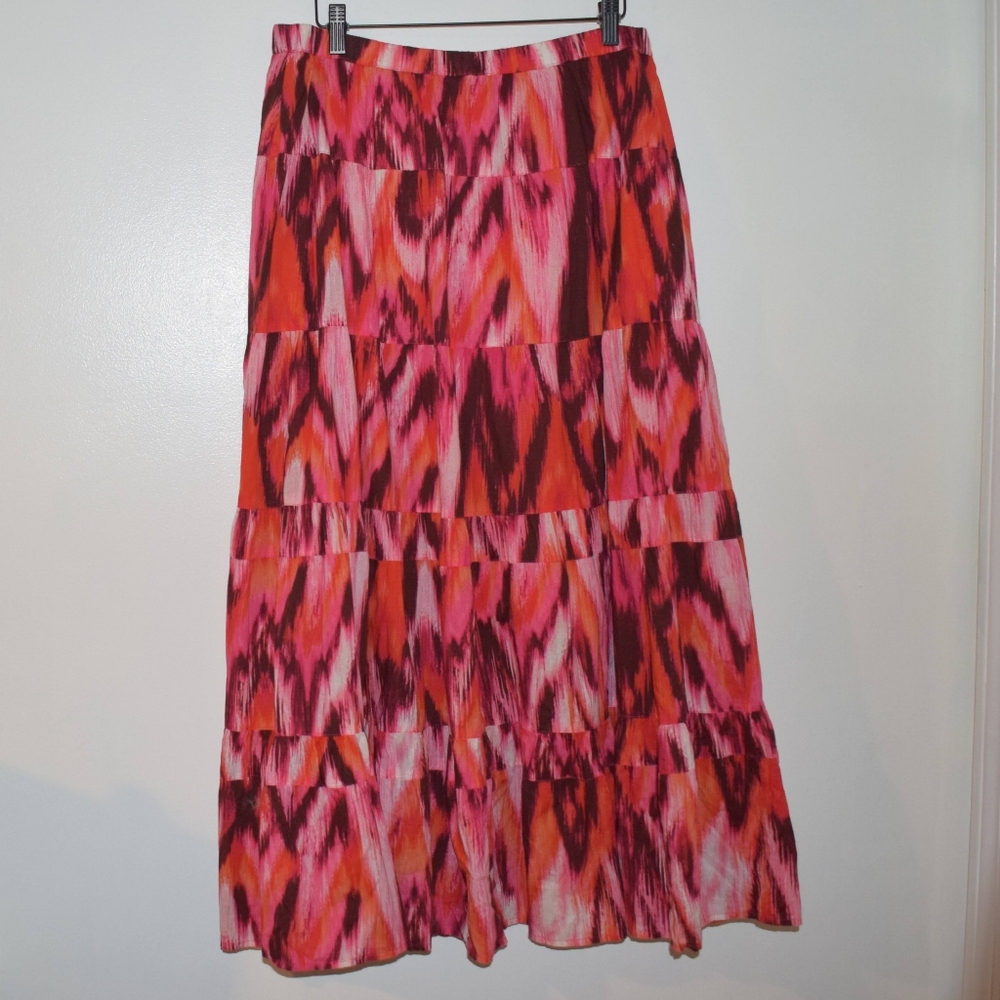 Jones New York Sport Maxi Skirt Women's 14 Tiered Ikat Print Boho Pink Orange